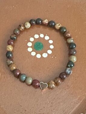 Handcrafted Jasper & Gold Heart Beaded Bracelet 💛